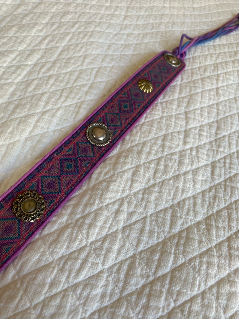 Boho Concho Purple Blue Woven Tapestry Belt Tassels Bead VTG Festival Western M - Picture 12 of 16